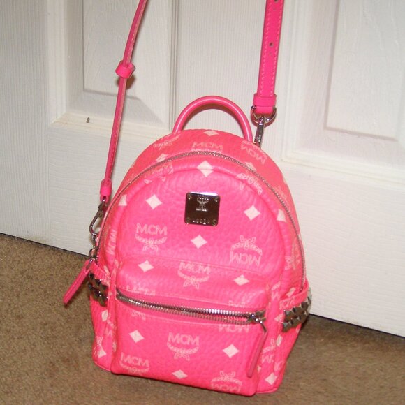 RARE Authentic MCM Neon Pink Mini backpack Crossbody bag - Picture 11 of 16